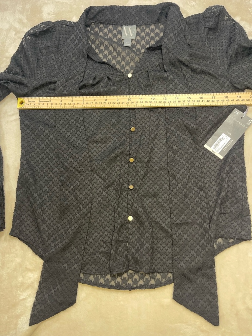 Worthington Petite Black Sheer Blouse Tie Front Textured Button Top PS NWT - Picture 6 of 7